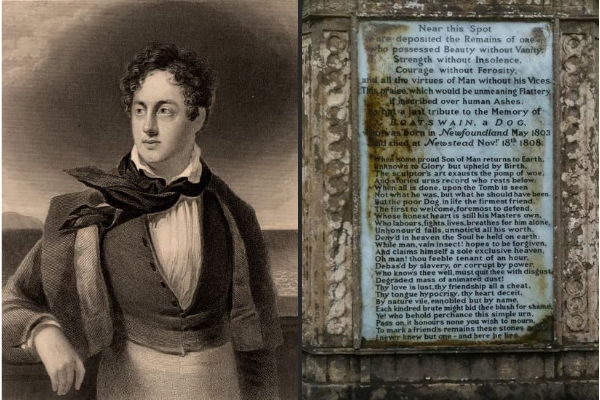 Lord Byron and photo of the epitaph to Boatswaim